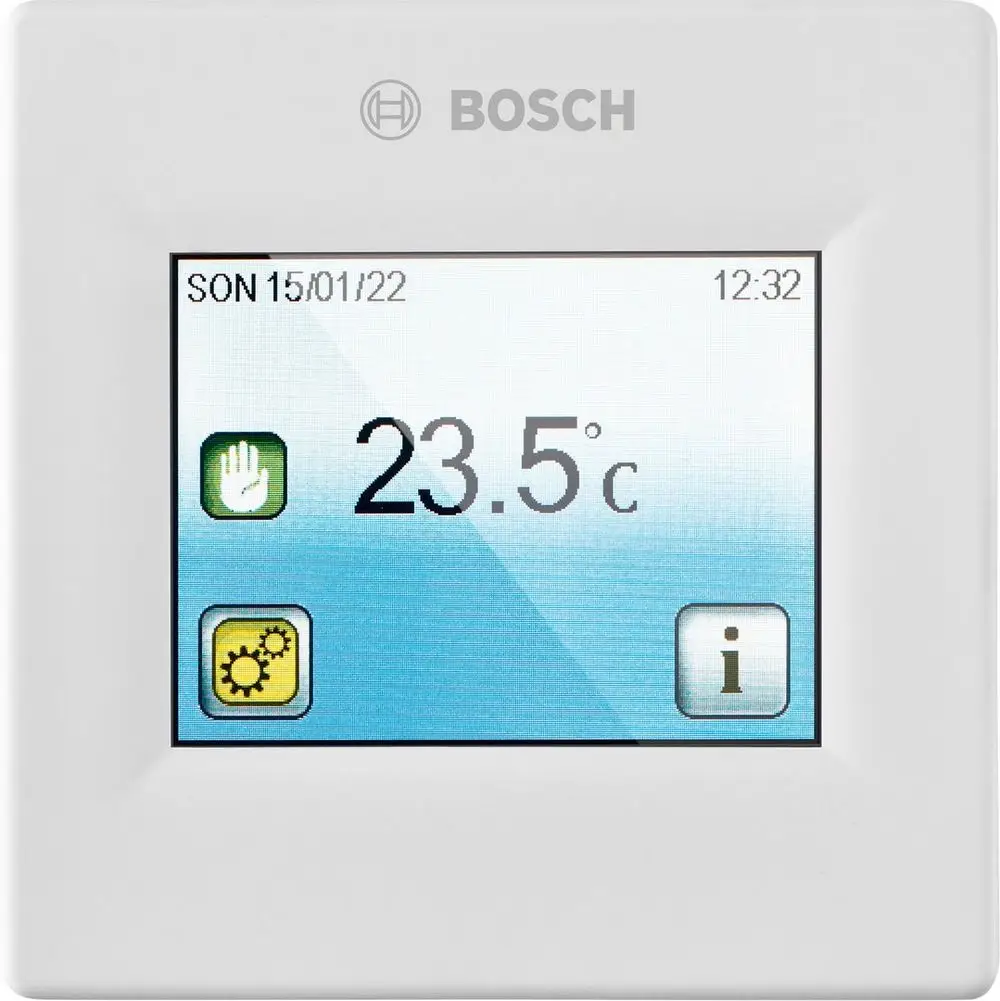 Weißer Heizungsregler von Bosch mit digitalem Display, Anzeige der aktuellen Temperatur, Datum und Uhrzeit sowie Bedienelementen für Einstellungen.